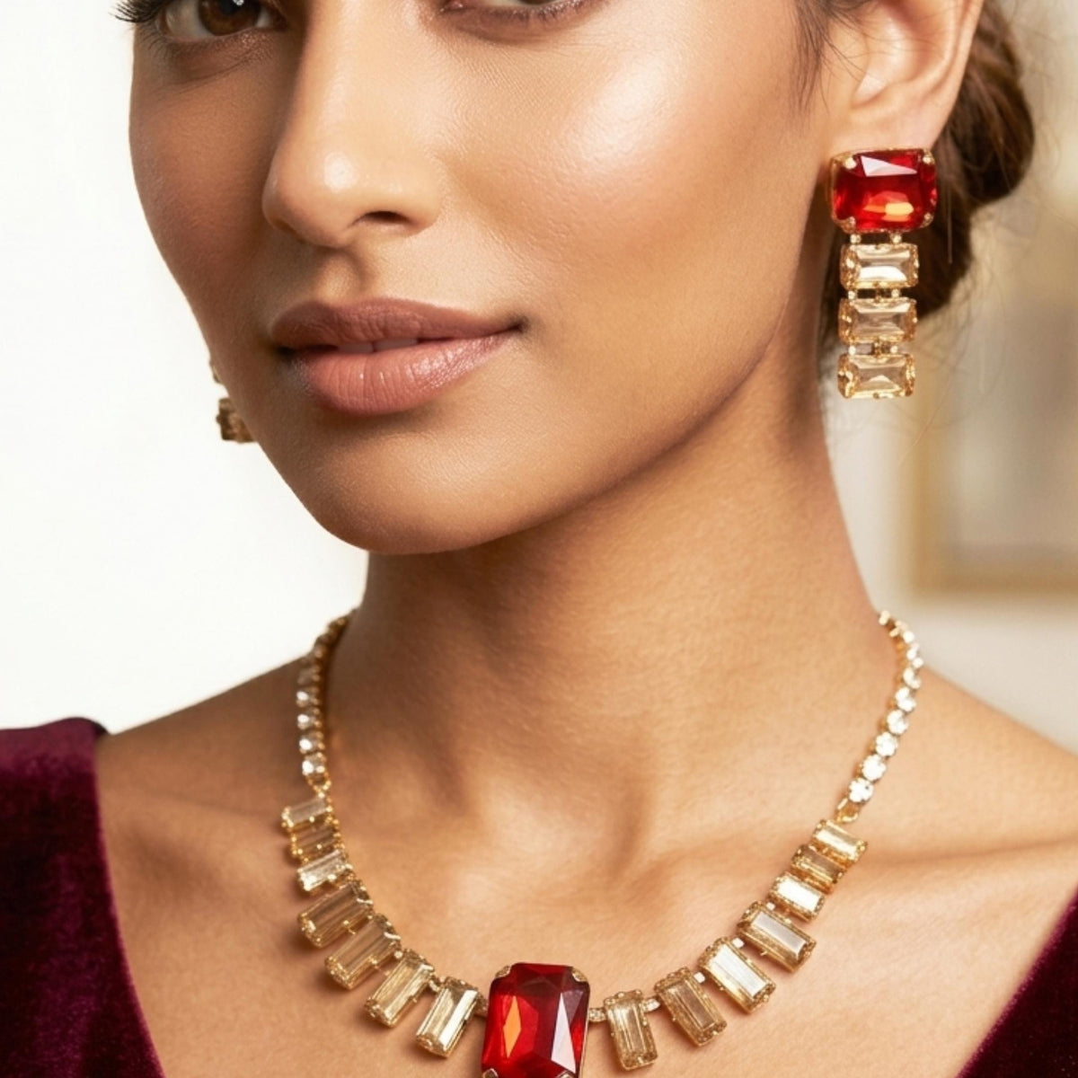 Anti Tarnish Ruby Red Statement Necklace Earrings Set For women