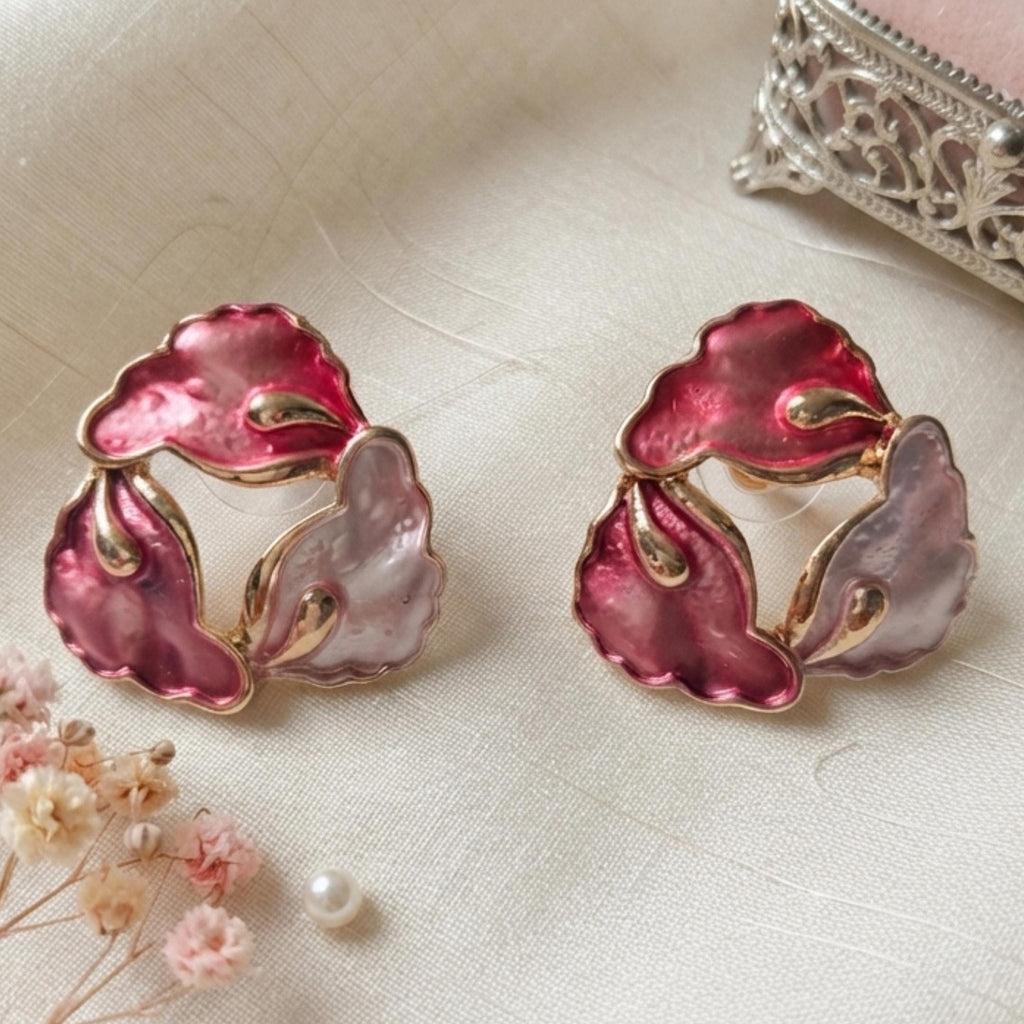 Pink Enamel Flower Necklace Earrings Set, Gold Floral Statement Jewelry