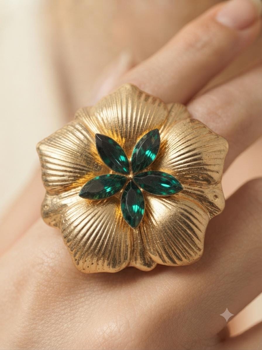 Gold Flower Necklace and Ring Set, Green Crystal Floral Jewelry, Statement Gift