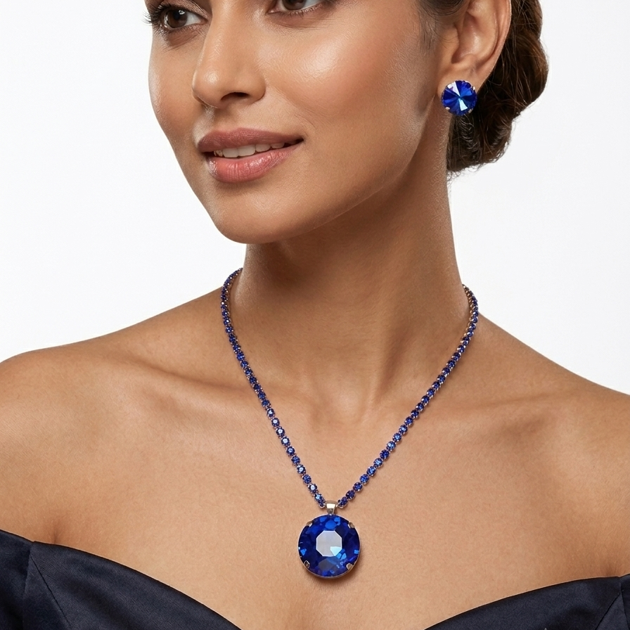Royal Blue Crystal Anti-Tarnish Necklace & Earrings Set