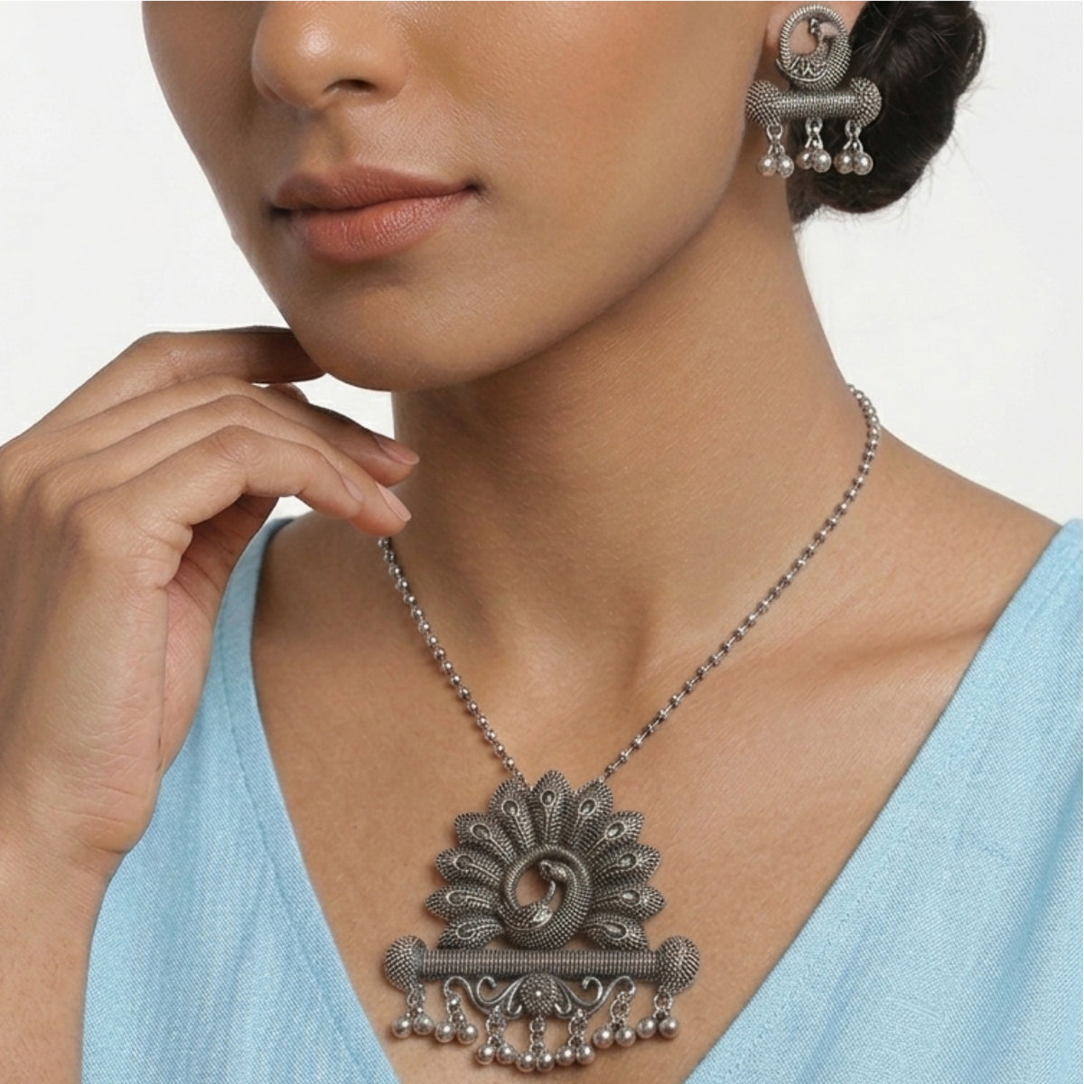 Antique Silver Peacock Pendant Necklace Set with Matching Earrings | Traditional Oxidised Jewellery Set for Women