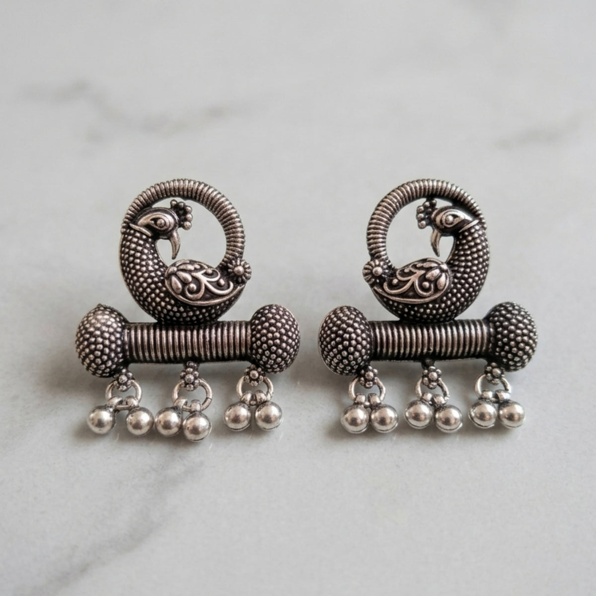 Antique Silver Peacock Pendant Necklace Set with Matching Earrings | Traditional Oxidised Jewellery Set for Women