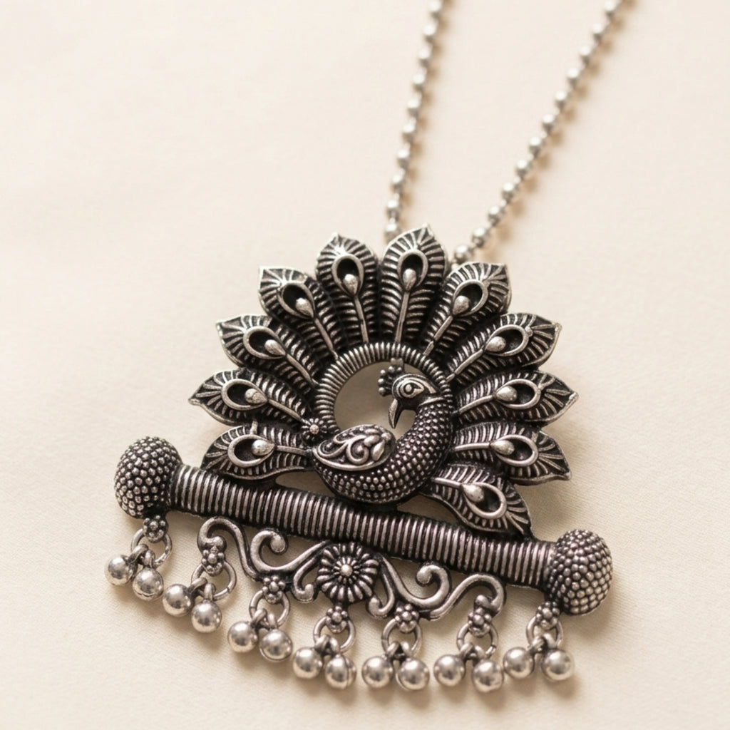 Antique Silver Peacock Pendant Necklace Set with Matching Earrings | Traditional Oxidised Jewellery Set for Women