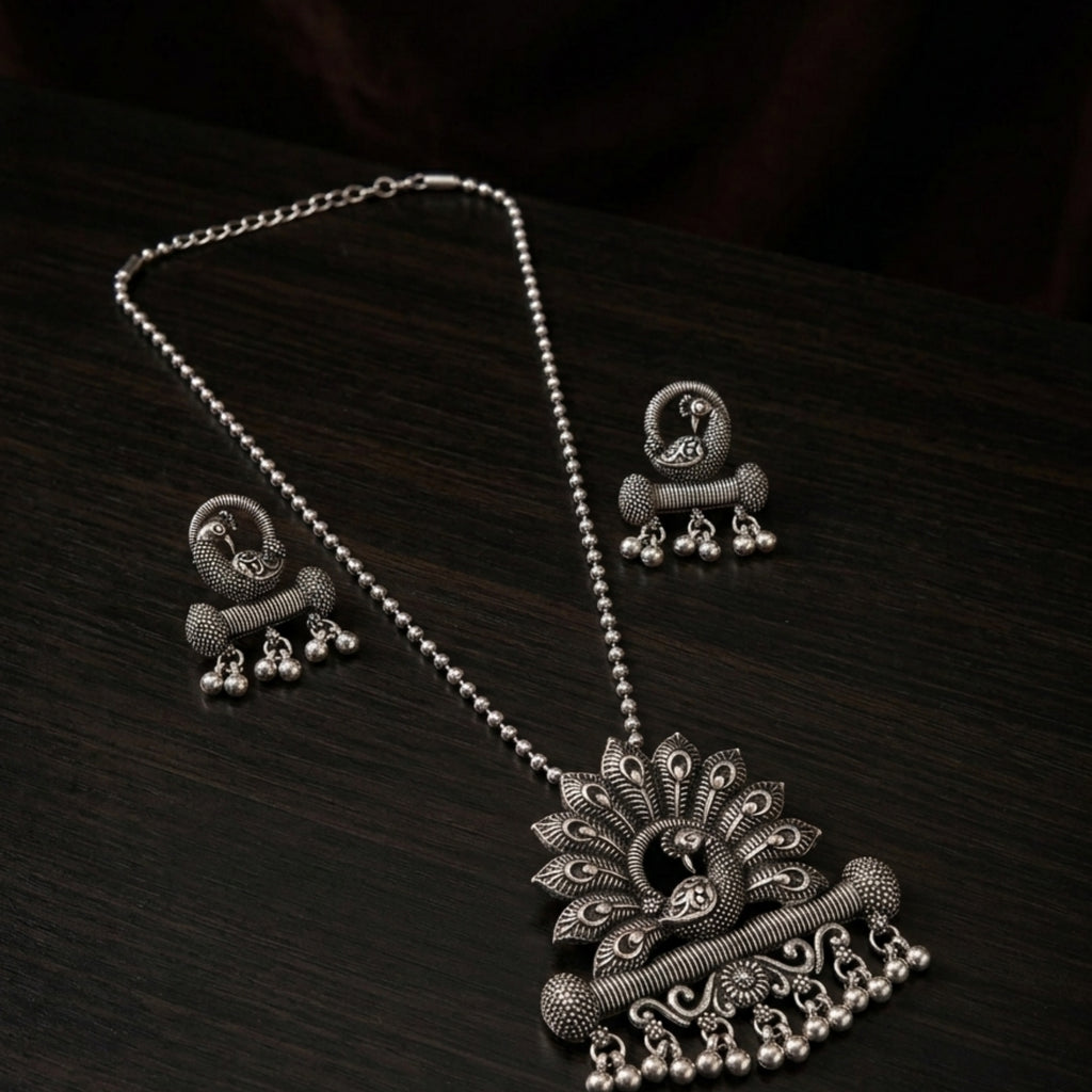 Antique Silver Peacock Pendant Necklace Set with Matching Earrings | Traditional Oxidised Jewellery Set for Women