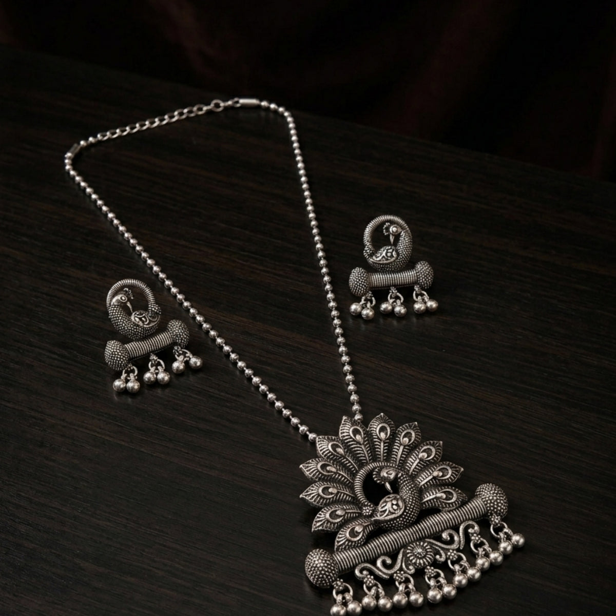 Antique Silver Peacock Pendant Necklace Set with Matching Earrings | Traditional Oxidised Jewellery Set for Women