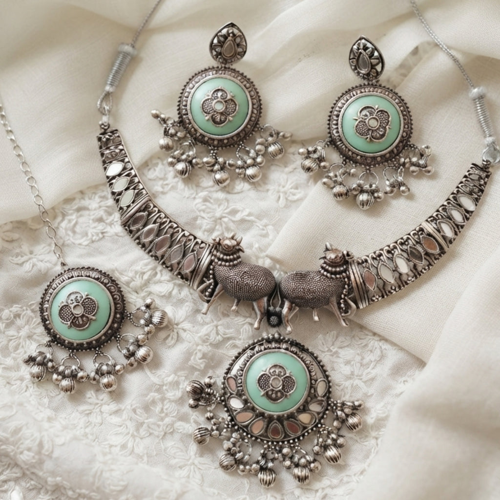 Mint Green Oxidized Silver Necklace Set, Cow Pendant Earrings, Indian Ethnic Jewelry
