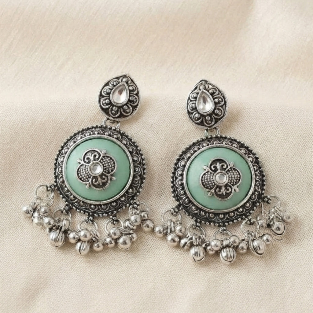 Mint Green Oxidized Silver Necklace Set, Cow Pendant Earrings, Indian Ethnic Jewelry