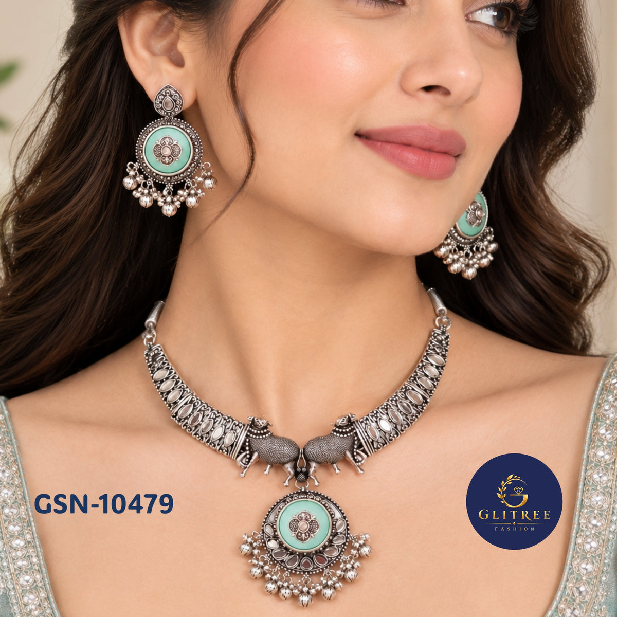 Mint Green Oxidized Silver Necklace Set, Cow Pendant Earrings, Indian Ethnic Jewelry