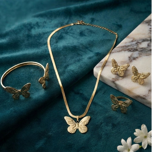 Gold plated Butterfly Jewelry Set, Necklace, Earrings, Bracelet, Ring (Matching Set
