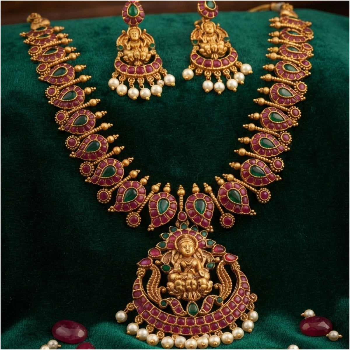 Traditional Gold Tone Temple Jewellery Set for Women with Goddess Lakshmi Pendant, Maroon Green Stone Necklace and Matching Earrings with Pearl Drops for Wedding, Festive & Ethnic Wear