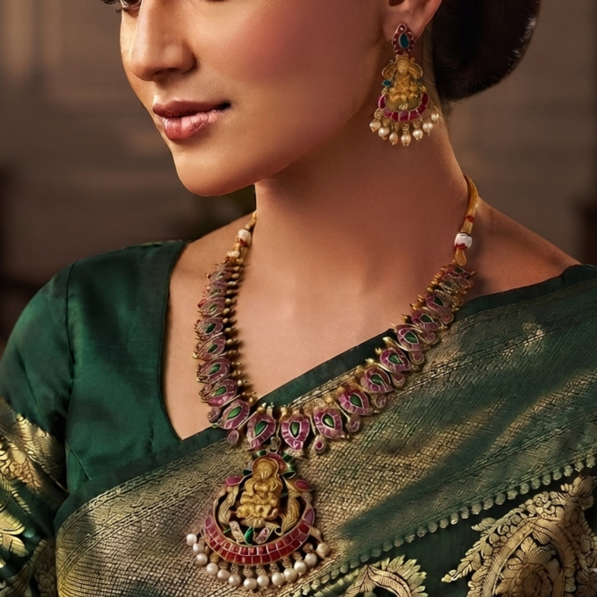 Traditional Gold Tone Temple Jewellery Set for Women with Goddess Lakshmi Pendant, Maroon Green Stone Necklace and Matching Earrings with Pearl Drops for Wedding, Festive & Ethnic Wear