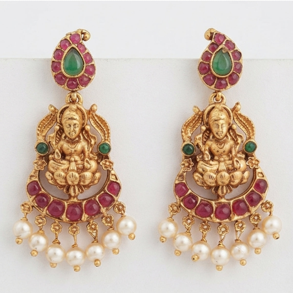 Traditional Gold Tone Temple Jewellery Set for Women with Goddess Lakshmi Pendant, Maroon Green Stone Necklace and Matching Earrings with Pearl Drops for Wedding, Festive & Ethnic Wear