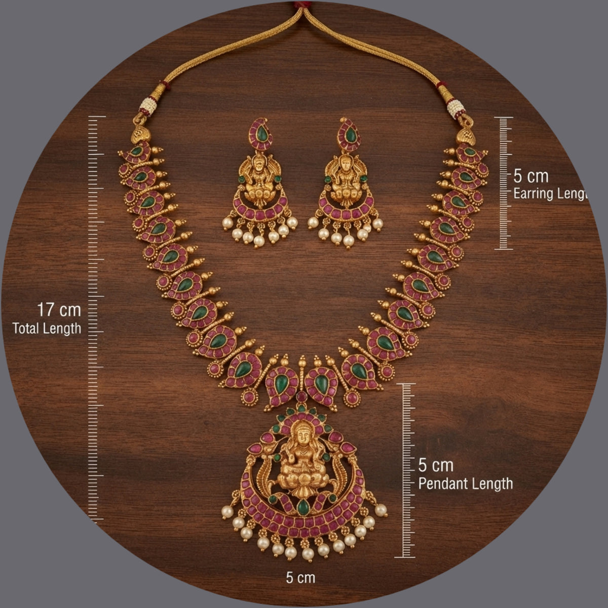 Traditional Gold Tone Temple Jewellery Set for Women with Goddess Lakshmi Pendant, Maroon Green Stone Necklace and Matching Earrings with Pearl Drops for Wedding, Festive & Ethnic Wear