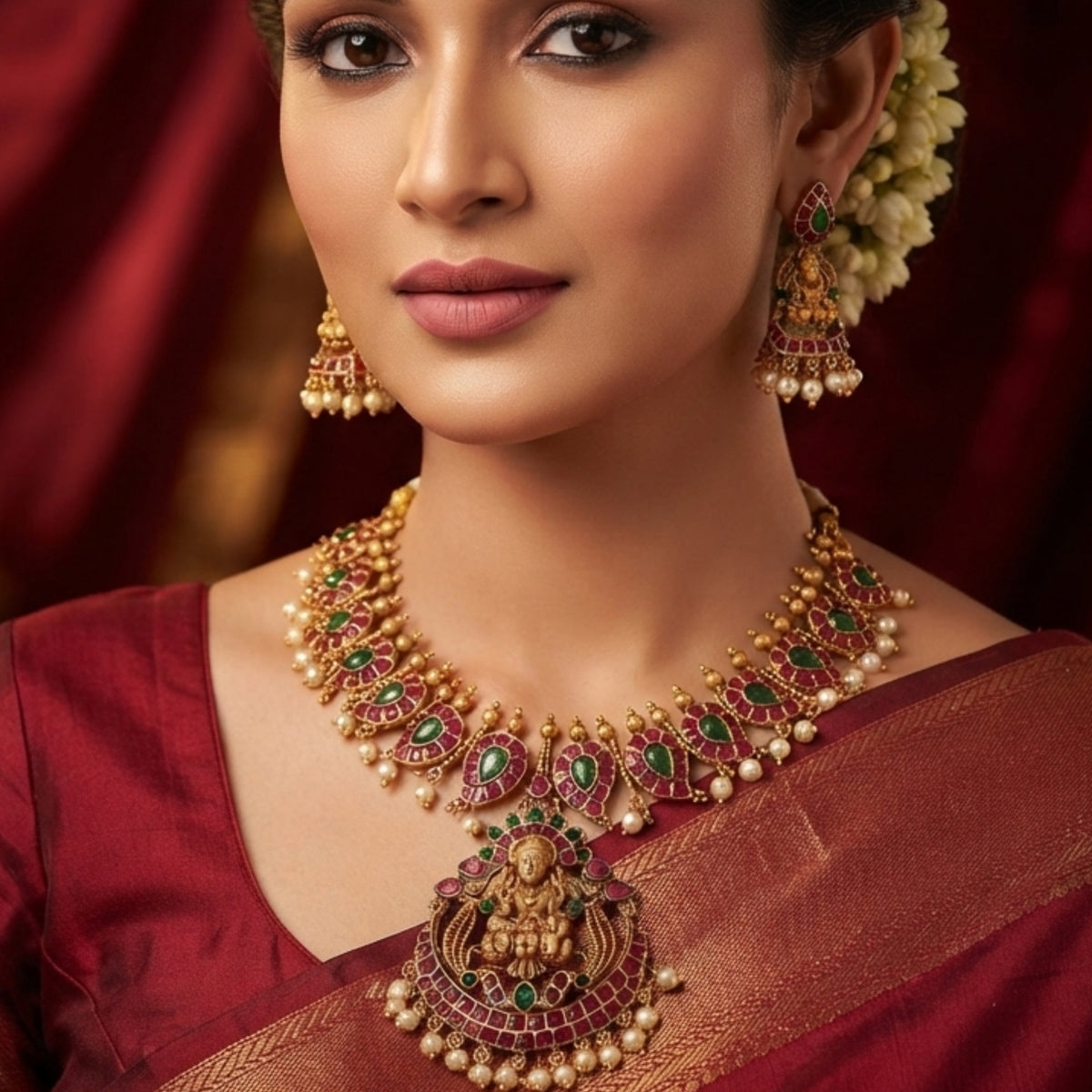 Traditional Gold Tone Temple Jewellery Set for Women with Goddess Lakshmi Pendant, Maroon Green Stone Necklace and Matching Earrings with Pearl Drops for Wedding, Festive & Ethnic Wear