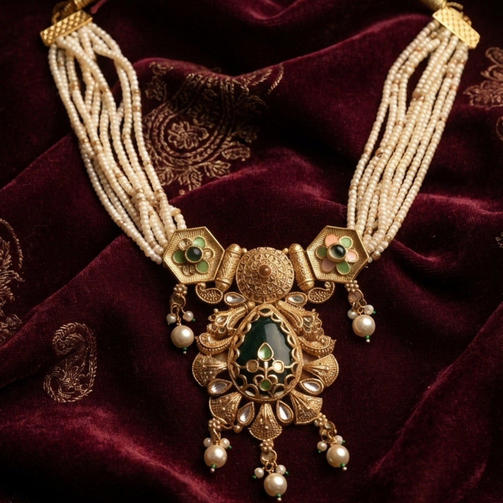 Green Kundan Pearl Necklace Set for Women, Traditional Indian Bridal Jewelry Set, Gold Tone Statement Necklace