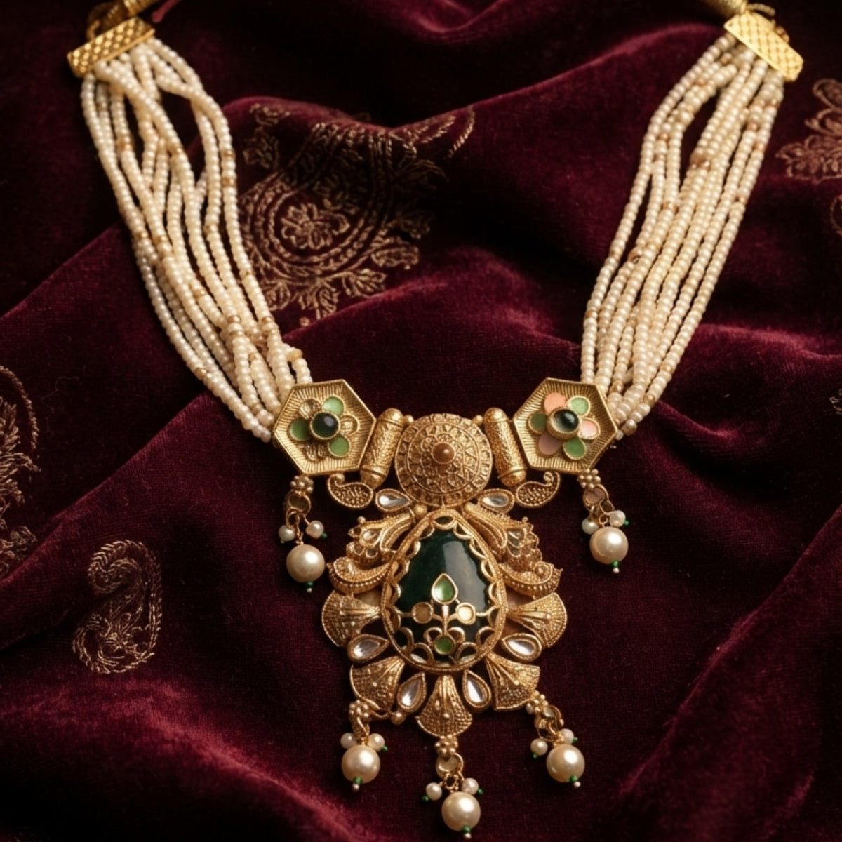 Green Kundan Pearl Necklace Set for Women, Traditional Indian Bridal Jewelry Set, Gold Tone Statement Necklace