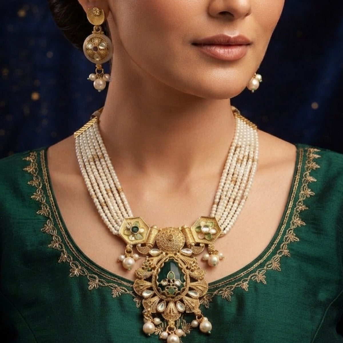 Green Kundan Pearl Necklace Set for Women, Traditional Indian Bridal Jewelry Set, Gold Tone Statement Necklace