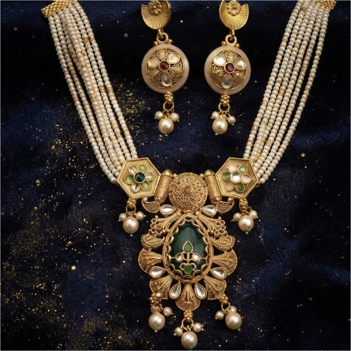 Green Kundan Pearl Necklace Set for Women, Traditional Indian Bridal Jewelry Set, Gold Tone Statement Necklace