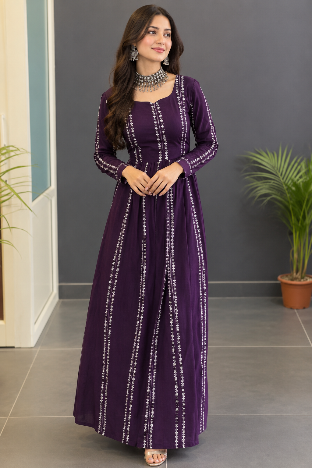 Women’s Purple Embroidered Anarkali Kurti | Full Length Flared Ethnic Dress with Long Sleeves