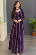 Women’s Purple Embroidered Anarkali Kurti | Full Length Flared Ethnic Dress with Long Sleeves