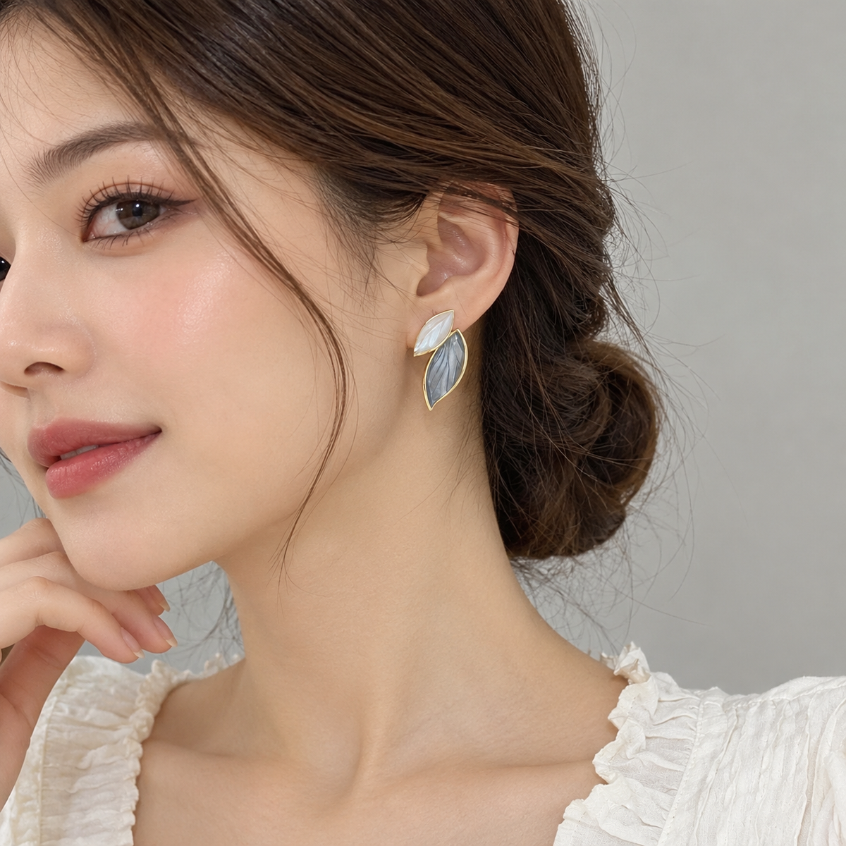 Women’s Gold Tone Leaf Design Earrings with White and Grey Pearl Effect Stones, Elegant Minimalist Statement Stud Earrings for Daily Wear