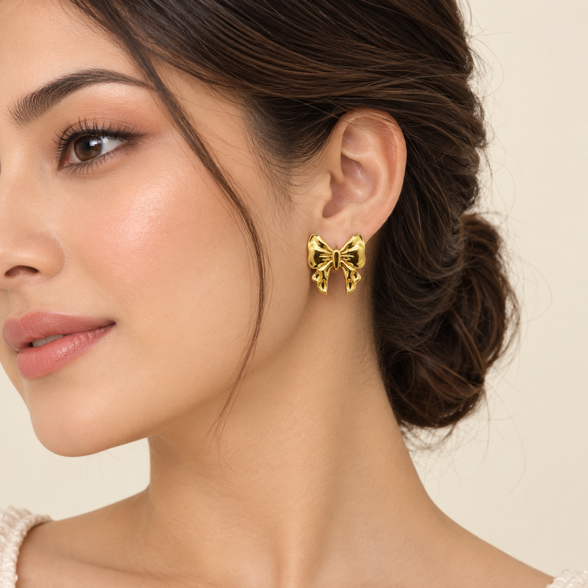 Gold Tone Bow Earrings for Women, Stainless Steel Ribbon Design Stud Earrings for Party,
