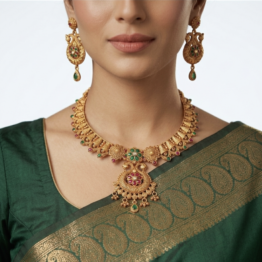 Gold Heritage Necklace Set for Women with Matching Earrings – Traditional Ethnic Jewellery Set