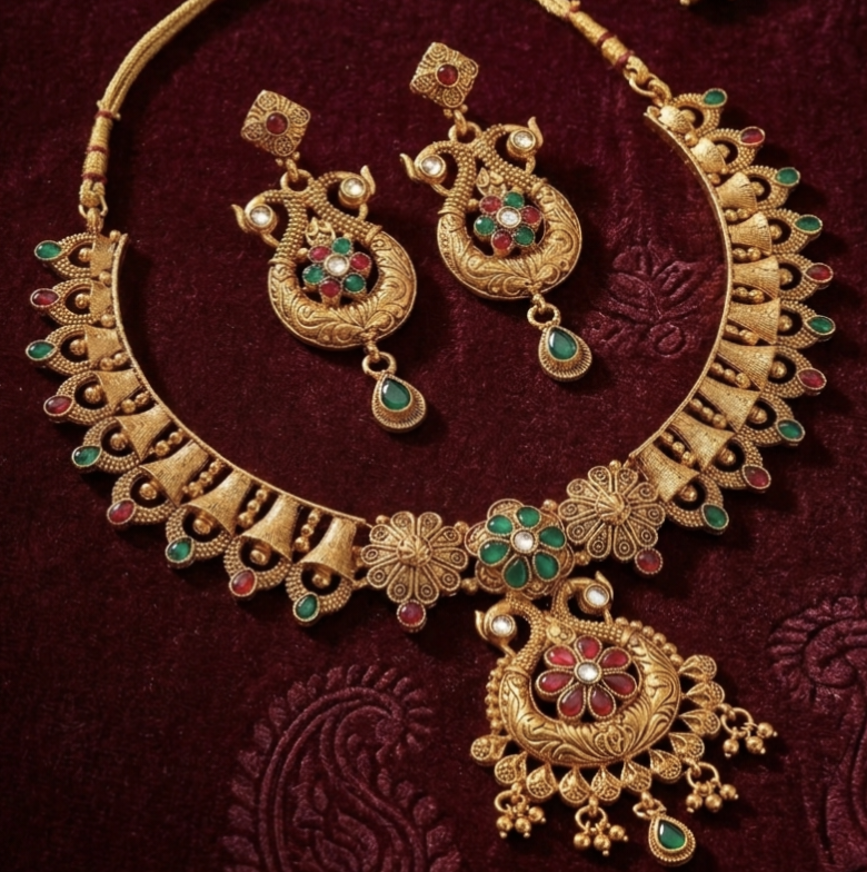 Gold Heritage Necklace Set for Women with Matching Earrings – Traditional Ethnic Jewellery Set