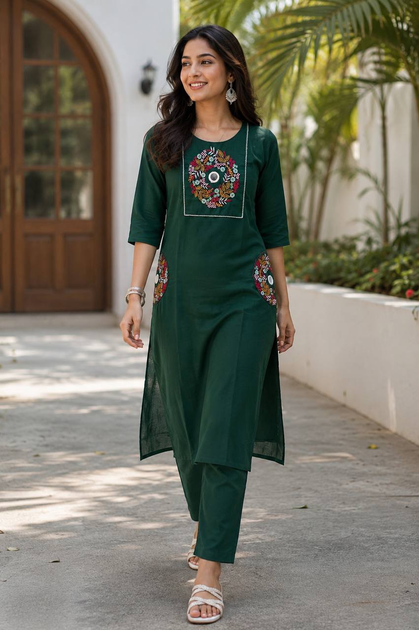 Women’s Cotton Kurta Pant Set with Floral Embroidery