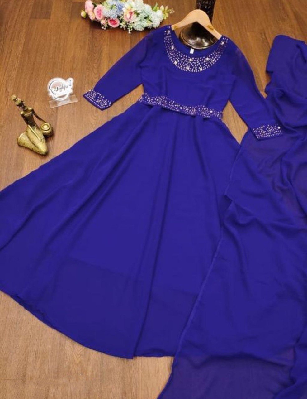 Women’s Royal Blue Anarkali Dress with Embellished Neckline