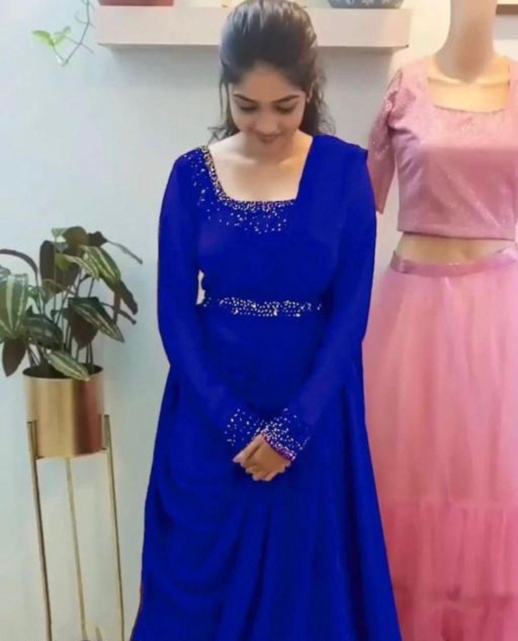 Women’s Royal Blue Anarkali Dress with Embellished Neckline