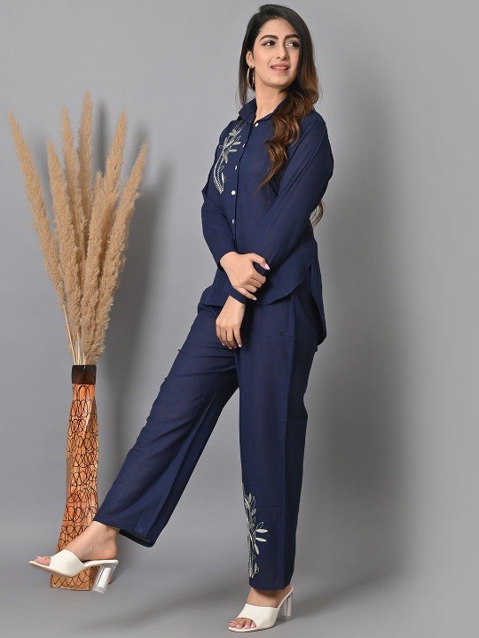Women’s Navy Blue Embroidered Co-Ord Set | Full Sleeve Shirt & Straight Pants Set
