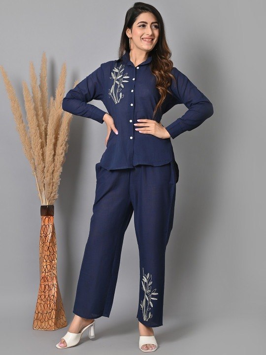 Women’s Navy Blue Embroidered Co-Ord Set | Full Sleeve Shirt & Straight Pants Set
