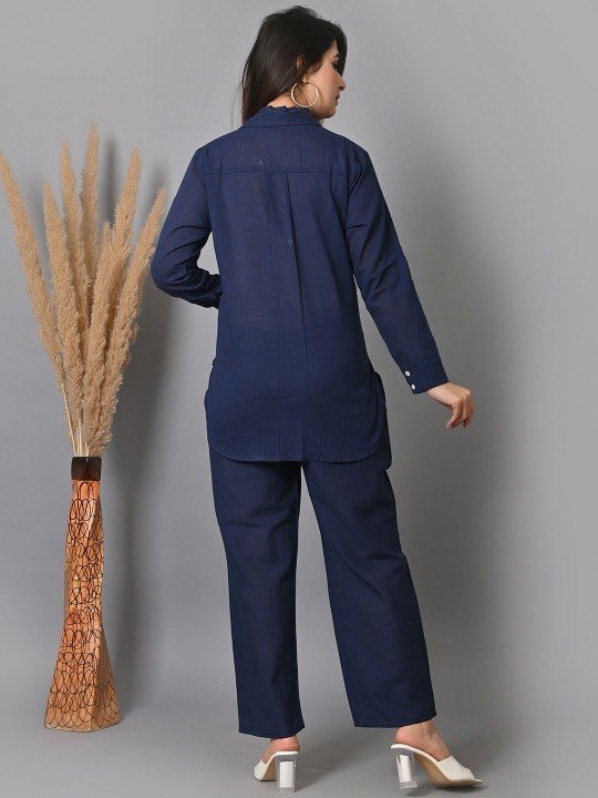 Women’s Navy Blue Embroidered Co-Ord Set | Full Sleeve Shirt & Straight Pants Set