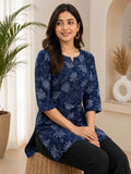 Women’s Navy Blue Floral Printed Straight Kurti | 3/4 Sleeve Casual & Stylish Ethnic Wear