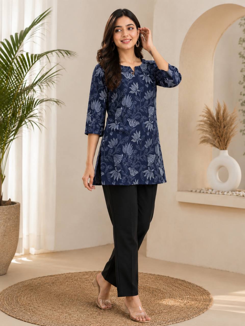 Women’s Navy Blue Floral Printed Straight Kurti | 3/4 Sleeve Casual & Stylish Ethnic Wear