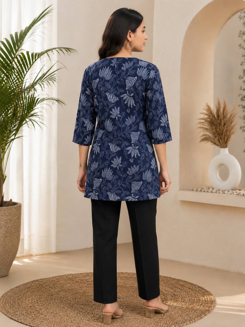 Women’s Navy Blue Floral Printed Straight Kurti | 3/4 Sleeve Casual & Stylish Ethnic Wear