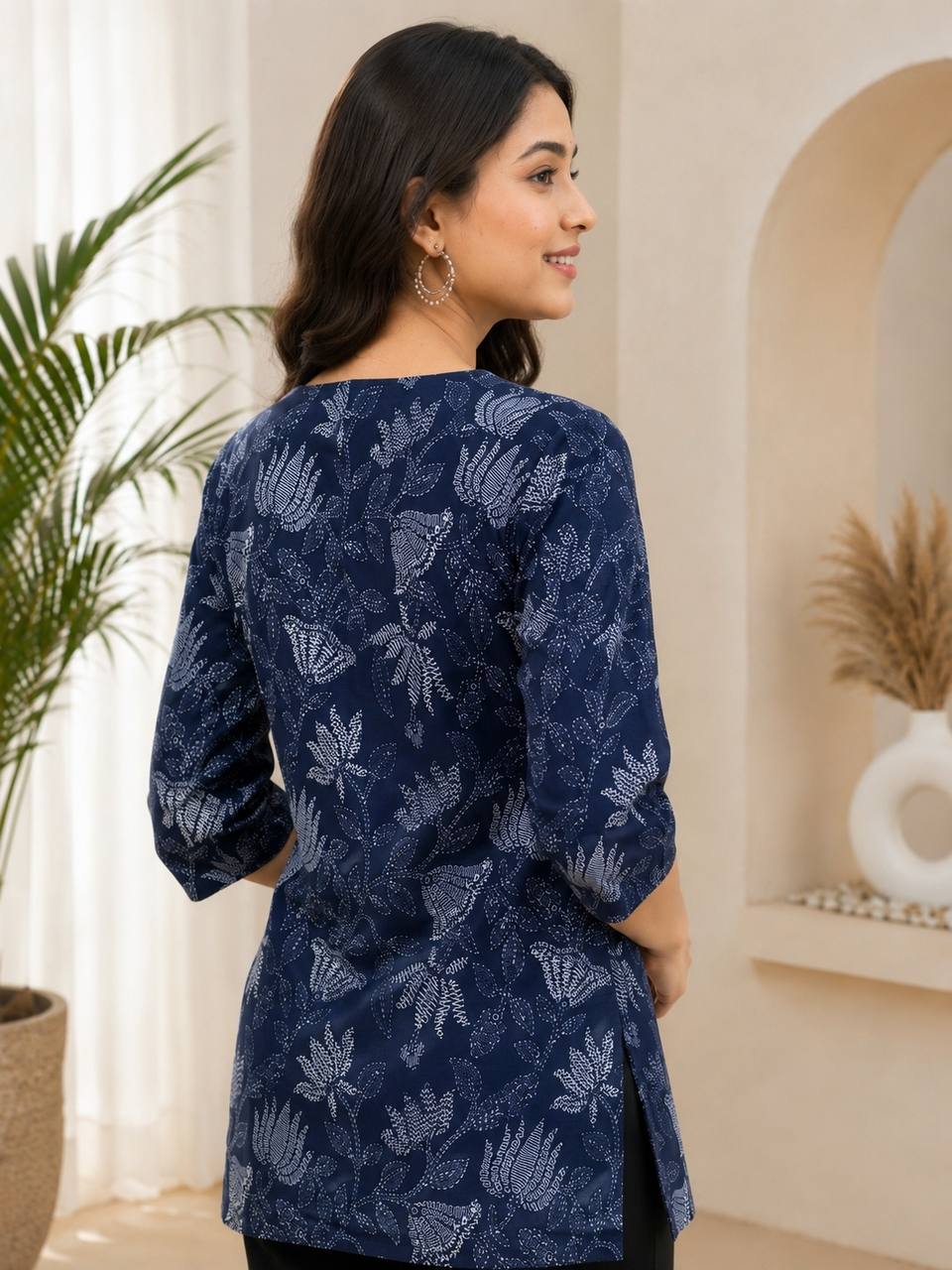 Women’s Navy Blue Floral Printed Straight Kurti | 3/4 Sleeve Casual & Stylish Ethnic Wear