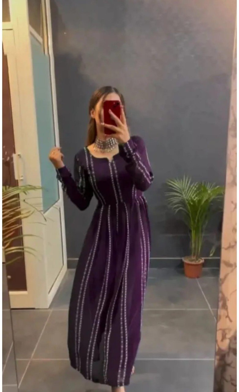 Women’s Purple Embroidered Anarkali Kurti | Full Length Flared Ethnic Dress with Long Sleeves