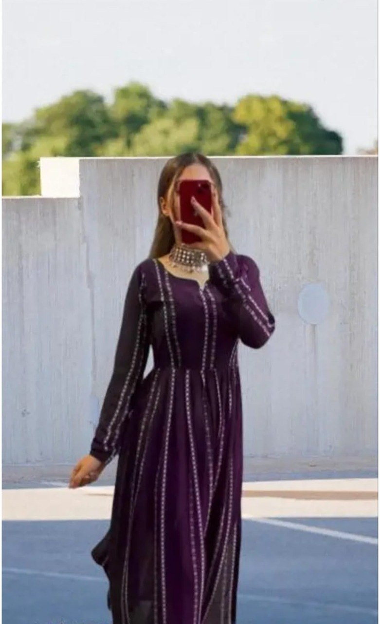 Women’s Purple Embroidered Anarkali Kurti | Full Length Flared Ethnic Dress with Long Sleeves