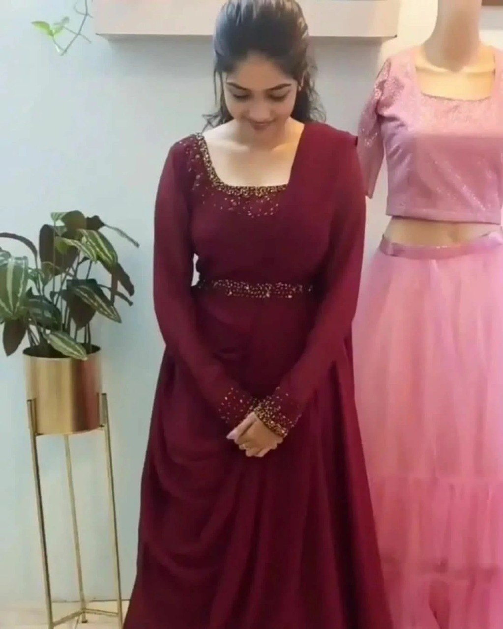 Women’s Maroon Anarkali Gown – Elegant Embroidered Floor Length Ethnic Dress
