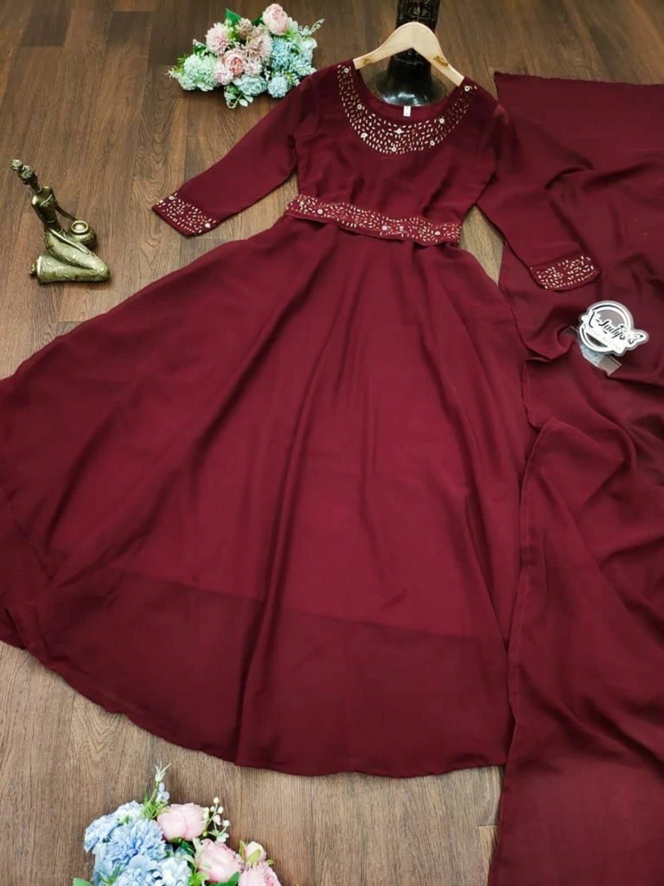 Women’s Maroon Anarkali Gown – Elegant Embroidered Floor Length Ethnic Dress