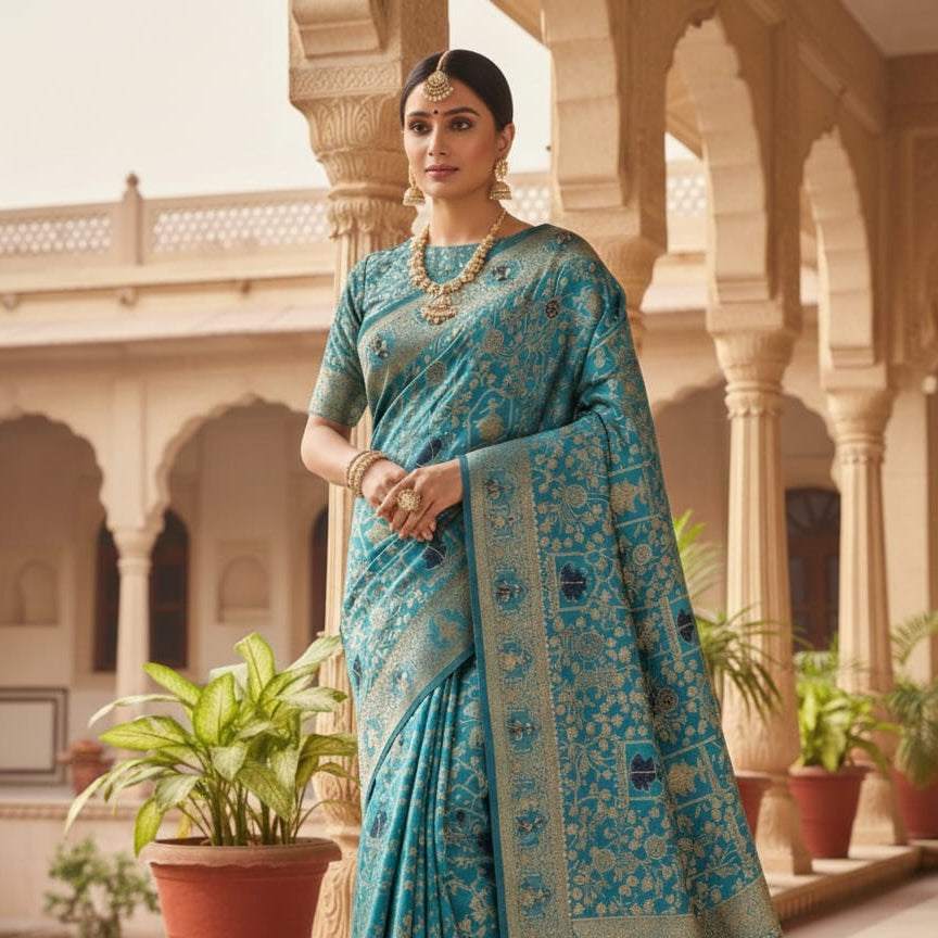 Elegant Teal Blue Banarasi Silk Saree with Gold Zari Floral Weave