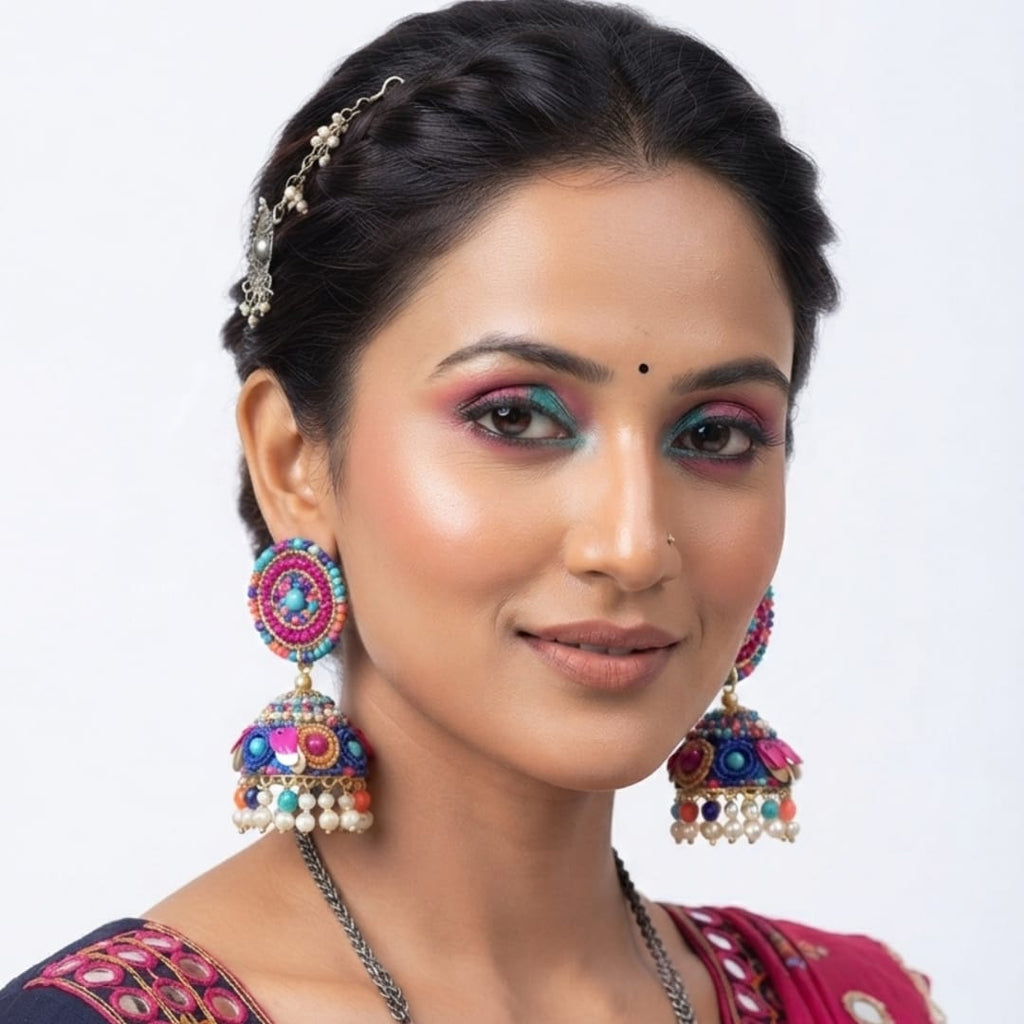 Multicolor Beaded Jhumka Earrings, Boho Indian Festival Jewelry