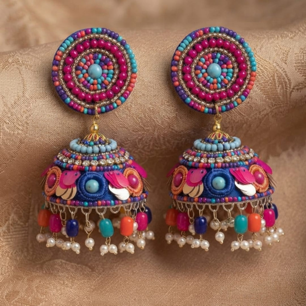 Multicolor Beaded Jhumka Earrings, Boho Indian Festival Jewelry