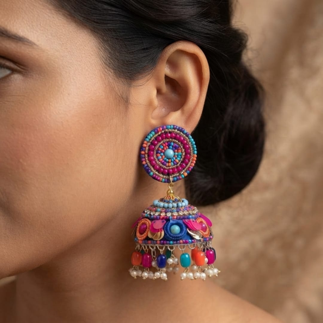 Multicolor Beaded Jhumka Earrings, Boho Indian Festival Jewelry