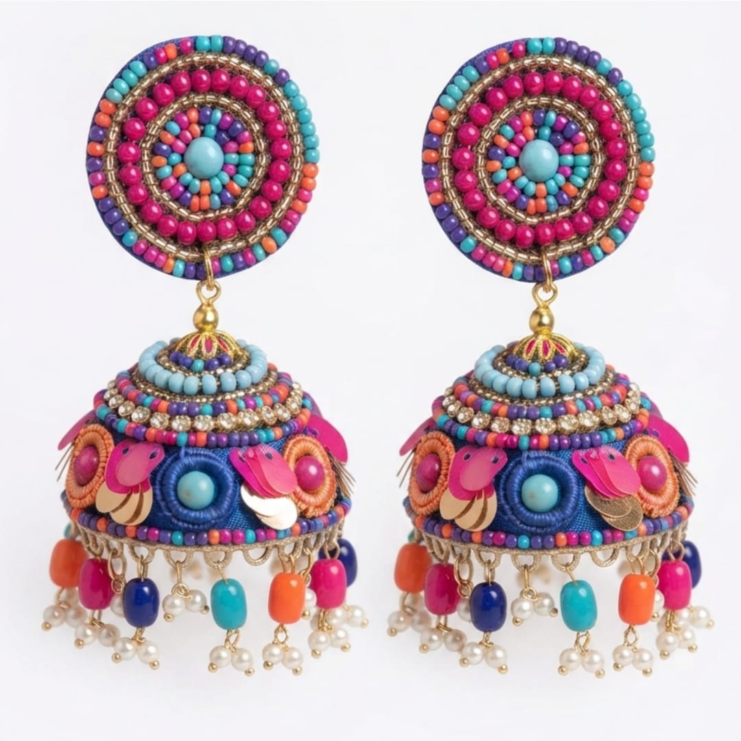 Multicolor Beaded Jhumka Earrings, Boho Indian Festival Jewelry