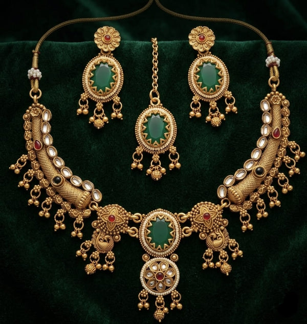 Green stone Heritage Necklace Set for Women with Matching Earrings – Traditional Ethnic Jewellery Set