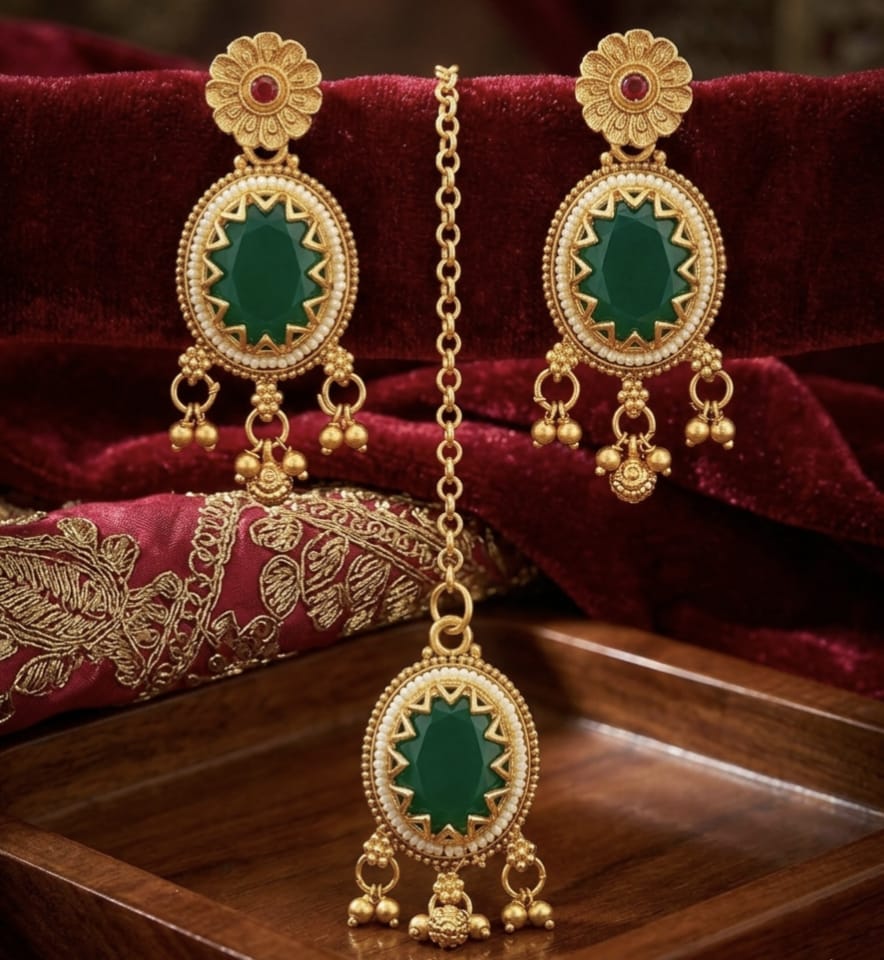 Green stone Heritage Necklace Set for Women with Matching Earrings – Traditional Ethnic Jewellery Set