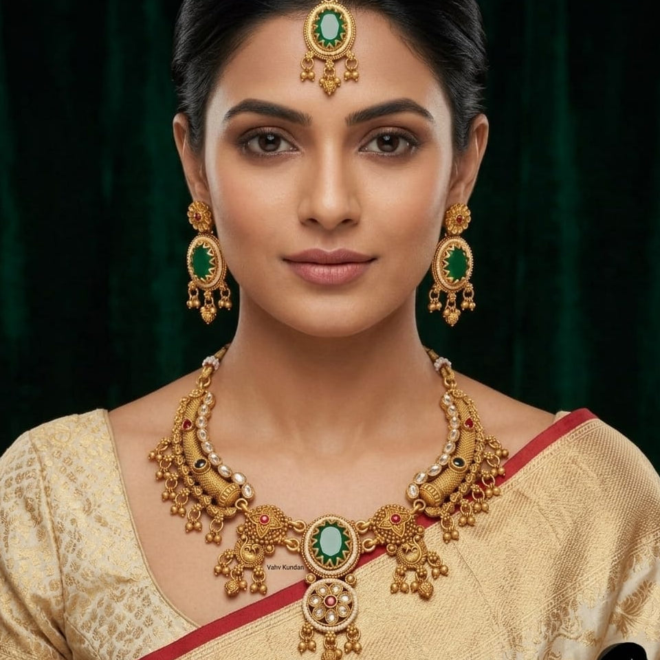 Green stone Heritage Necklace Set for Women with Matching Earrings – Traditional Ethnic Jewellery Set